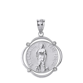 Sterling Silver Saint Lazarus Pray For Us CZ Circular Frame Pendant Necklace