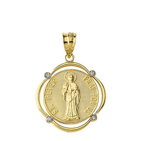 Solid Yellow Gold Saint Peter Pray For Us Diamond Circular Frame Pendant Necklace