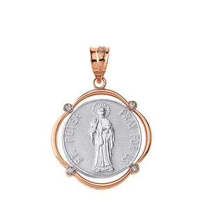 Solid Two Tone Rose Gold Saint Peter Pray For Us Diamond Circular Frame Pendant Necklace
