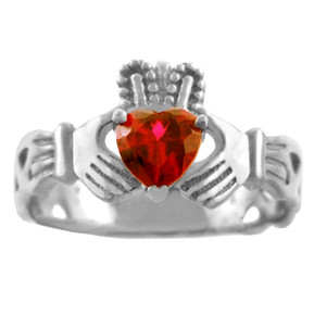 White Gold Claddagh Trinity Band with Ruby Red  CZ Heart