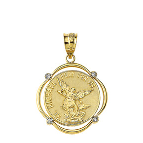 Solid Yellow Gold Saint Michael Pray For Us Diamond Circular Frame Pendant Necklace