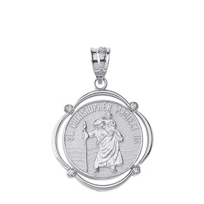 Sterling Silver Saint Christopher Protect Us CZ Circular Frame Pendant Necklace