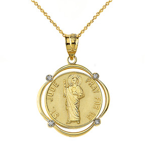 Solid Yellow Gold Saint Jude Pray For Us Diamond Circular Frame Pendant Necklace