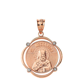 Solid Rose Gold Saint Nectarios Diamond Circular Frame Pendant Necklace