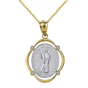 Solid Two Tone Yellow Gold Saint Andrew Pray For Us Diamond Oval Frame Pendant Necklace