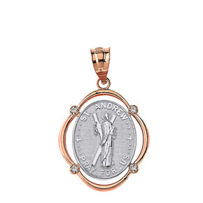 Solid Two Tone Rose Gold Saint Andrew Pray For Us Diamond Oval Frame Pendant Necklace