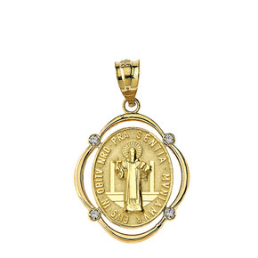 Solid Yellow Gold Saint Benito Diamond Oval Frame Pendant Necklace