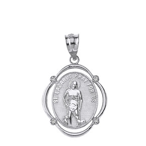 Sterling Silver Saint Lazarus Pray For Us CZ Oval Frame Pendant Necklace