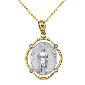 Solid Two Tone Yellow Gold Saint Lazarus Pray For Us Diamond Oval Frame Pendant Necklace