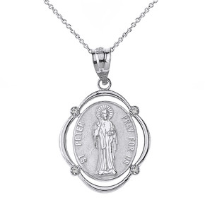 Sterling Silver Saint Peter Pray For Us CZ Oval Frame Pendant Necklace