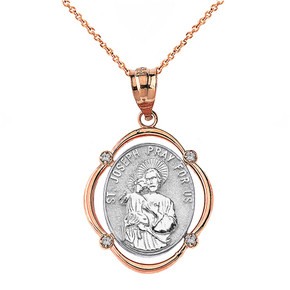 Solid Two Tone Rose Gold Saint Joseph Pray For Us Diamond Oval Frame Pendant Necklace