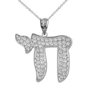 Bold Chic Diamond Chai Pendant Necklace in White Gold (1.1")