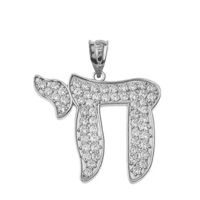 Bold Chic Diamond Chai Pendant Necklace in White Gold (1.1")