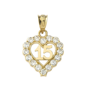 Yellow Gold 15 Años Quinceañera Heart Pendant with Cubic Zirconia Yellow Gold 15 Años Quinceañera Heart Pendant with Cubic Zirconia