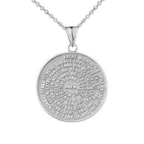 Padre Nuestro / The Lords Prayer Medallion Pendant Necklace in White Gold