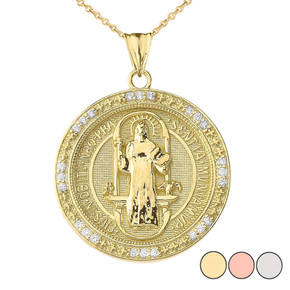 Two Sided Saint Benedict Medallion Pendant Necklace in Gold (Yellow/Rose/White)