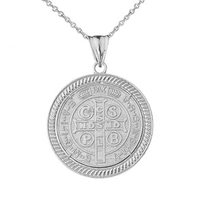 Two Sided Saint Benedict Medallion Pendant Necklace in White Gold