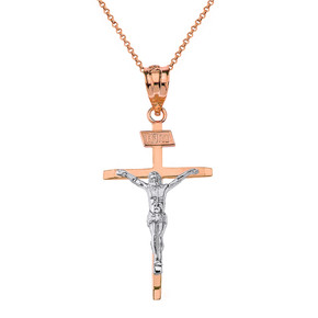 Solid Two Tone Rose Gold Jesus of Nazareth INRI Thin Crucifix Cross Pendant Necklace
