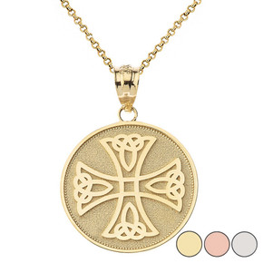 Gold Infinity Knot Celtic Cross Disc Pendant Necklace (Available in Yellow/Rose/White)