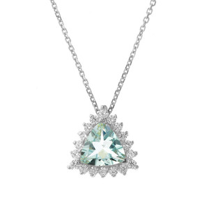 Chic Diamond & Trillion Cut Genuine Aquamarine Pendant Necklace  in 14K White Gold