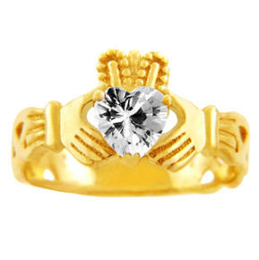 Claddagh Trinity Band Ring with April Birthstone.  Available in 14k and 10k Gold.