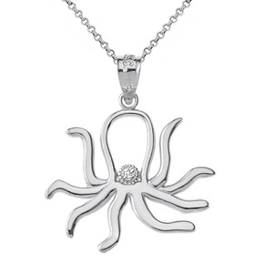 Solid White Gold Octopus Outline Solitaire Pendant Necklace