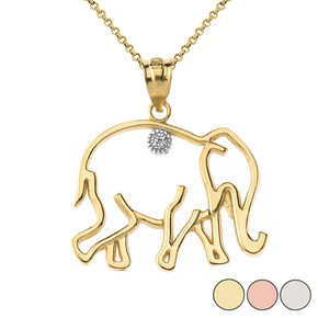 Elephant Outline Solitaire Pendant Necklace in Gold (Yellow/Rose/White)