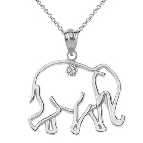 Solid White Gold Elephant Outline Solitaire Pendant Necklace