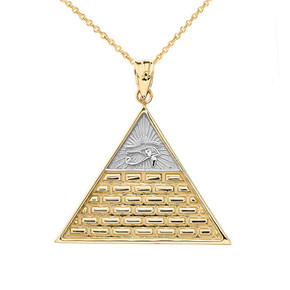 Two-Tone Yellow Gold Egyptian Eye of Ra/Providence Wedjat Pyramid Pendant Necklace