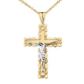 Crucifix Nugget Cross Pendant Necklace in Two-tone Yellow Gold