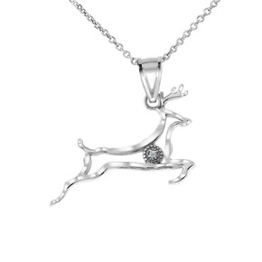 Diamond Running Deer Pendant Necklace in White Gold