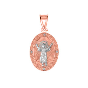 Diamond Divino Ni?¤o Jesus Oval Medallion Pendant Necklace in Two Tone Rose Gold