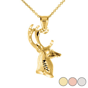 Textured Deer Head Pendant Necklace in Gold (Yellow/Rose/White)