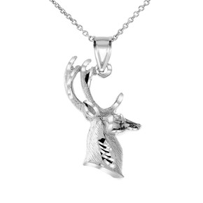 Texturized Deer Head Pendant Necklace in White Gold