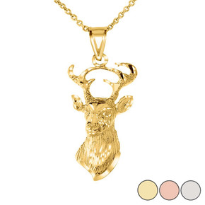 Textured Buck Deer Head Pendant Necklace in Gold (Yellow/Rose/White)