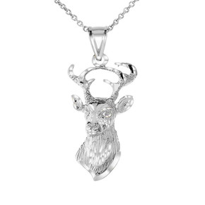 .925 Sterling Silver Diamond Cut Deer Head Buck Antlers Pendant Necklace