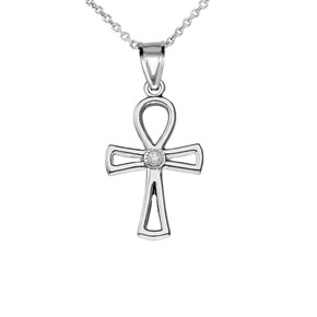 CZ Outline Egyptian Ankh Cross Pendant Necklace in .925 Sterling Silver