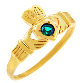 14K Gold Claddagh Ring with CZ Emerald Heart