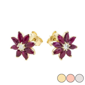 Solid Gold Genuine Ruby and Diamond Daisy Stud Earrings (Available in Yellow/Rose/White)