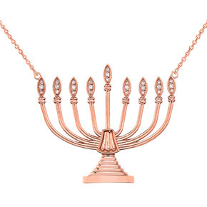Diamond Hanukkah Menorah Necklace in 14K Rose Gold