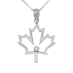 Outline Canadian Maple Leaf CZ Pendant Necklace in Sterling Silver