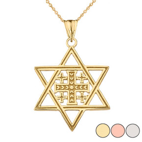 Jerusalem Cross in Star of David Pendant Necklace In Gold (Yellow/Rose/White)