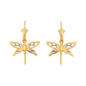 Adorable Dragonfly Two-Tone Leverback Earrings(Available in Yellow/Rose/White Gold)