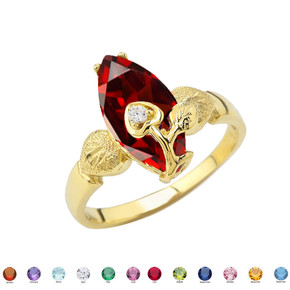 Personalized (LC) Birthstone Marquise Flower Heart Ring In 10K Yellow Gold