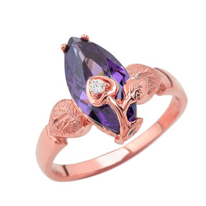 Personalized (LC) Birthstone Marquise Flower Heart Ring In 10K Rose Gold