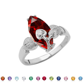 Personalized (LC) Birthstone Marquise Flower Heart Ring In 10K White Gold