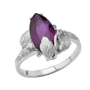 Personalized (LC) Birthstone Marquise Leaf Ring In 10K White Gold