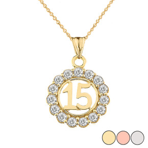 15 Quinceañera With CZ Pendant Necklace In Gold (Yellow/Rose/White)