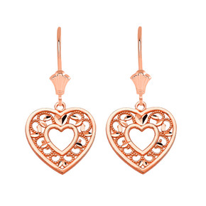 Gold Textured Filigree Heart Leverback Earrings(Available in Yellow/Rose/White Gold)