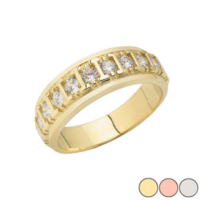 Gold Men's Bar Set Cubic Zirconia Wedding Band Ring